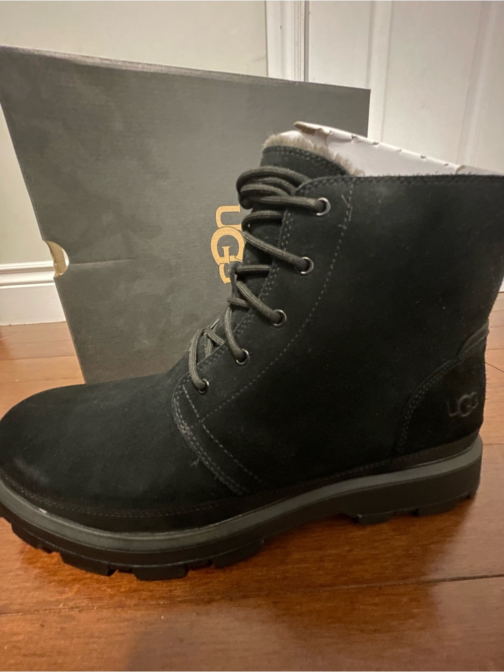 UGG Black Suede Lace-Up Ankle Boot with Rugged Sole
